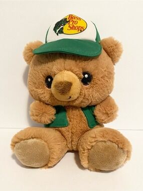 Bass Pro Shops Brown Teddy Bear Plush Stuffed Animal Green Hat Vest Fishing Toy